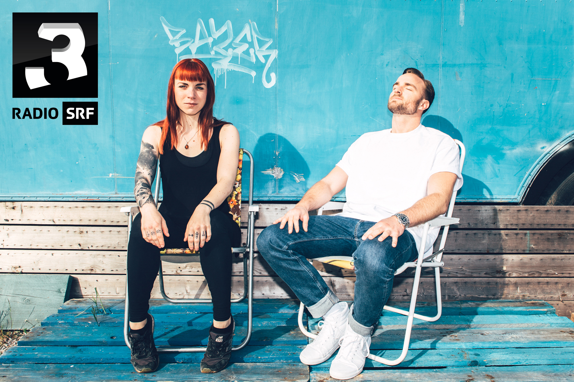 Festivalsommer 2019 Radio SRF 3. Die Moderatoren Rika Brune und Julian Thorner. Copyright: SRF/Noëlle Guidon