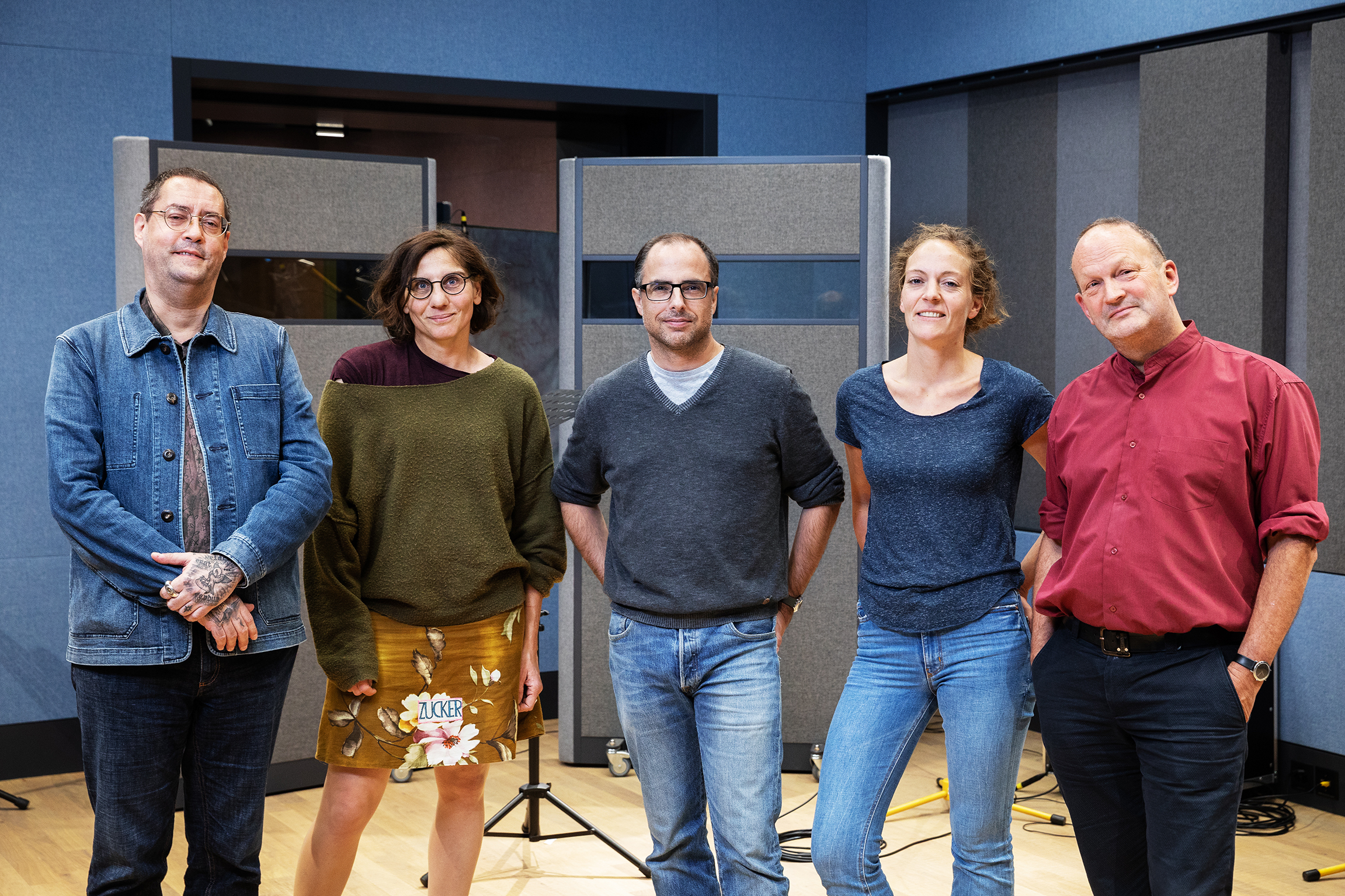 Radio-Tatort Die Macher: (v.l.) Gion Mathias Cavelty (Autor), Katrin Zipse (Dramaturgin), Lukas Holliger (Autor), Susanne Janson (Regisseurin), Matthias Berger (Autor).2019Copyright: SRF/Matthias Willi