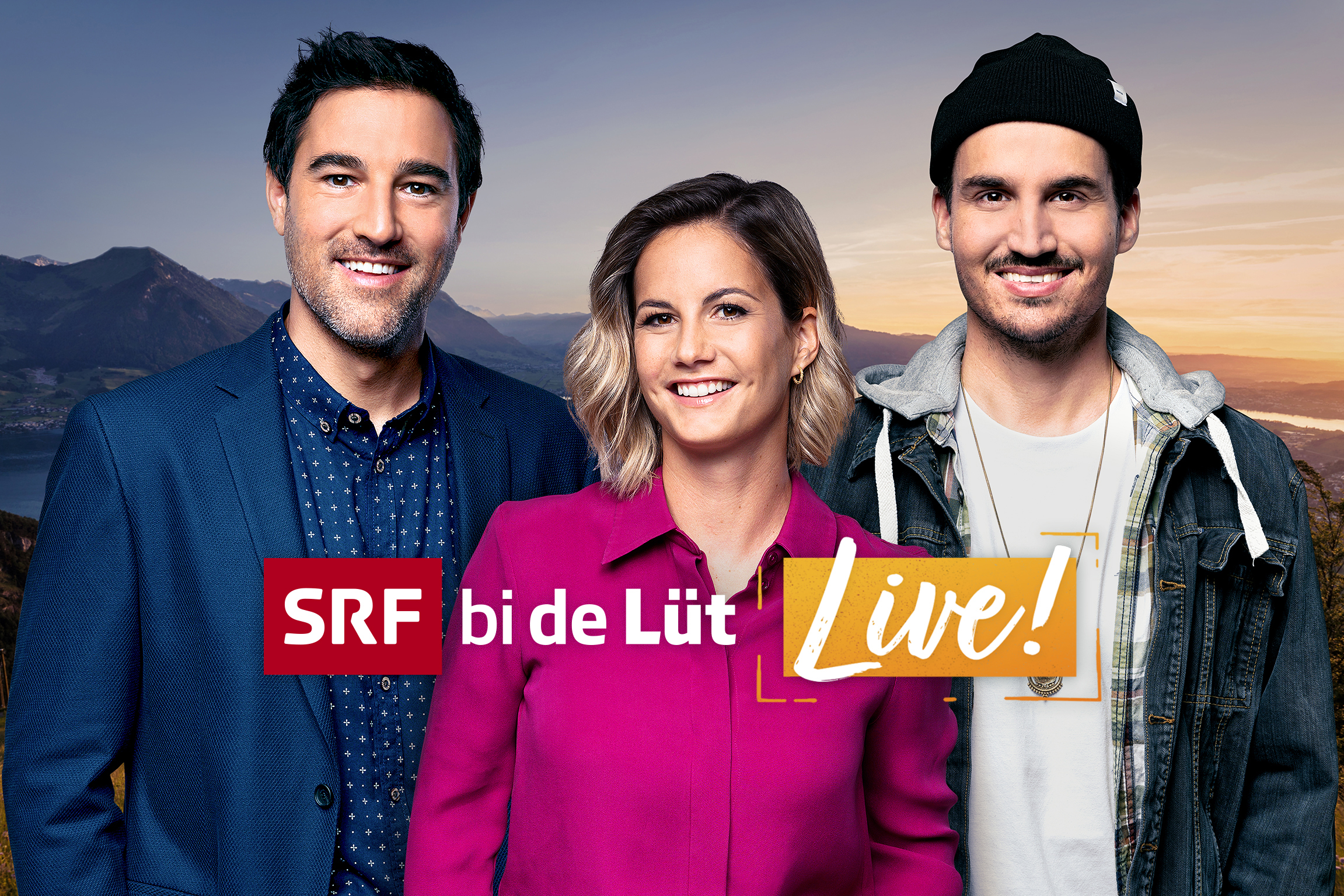 SRF bi de Lüt – LiveKeyvisualDie Moderatoren Salar Bahrampoori und Fabienne Bamert und Fabian Zbinden am Grill2021Copyright: SRF/Oscar Alessio/Shutterstock/Bildmontagealte Version!