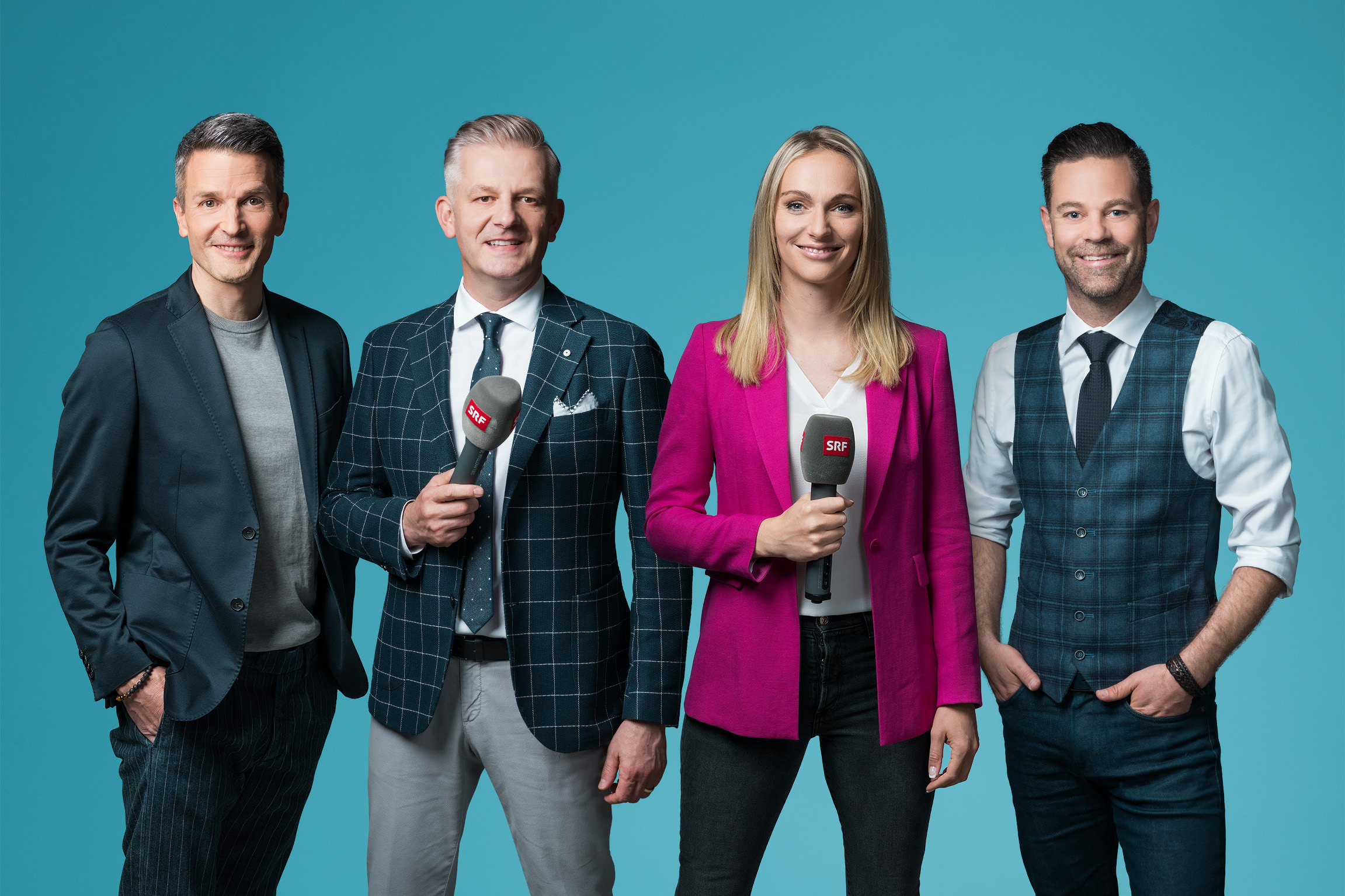 UEFA EURO 2020 Gruppenbild Moderationspersonen: Paddy Kälin, Rainer Maria Salzgeber, Annette Fetscherin, Lukas Studer 2021