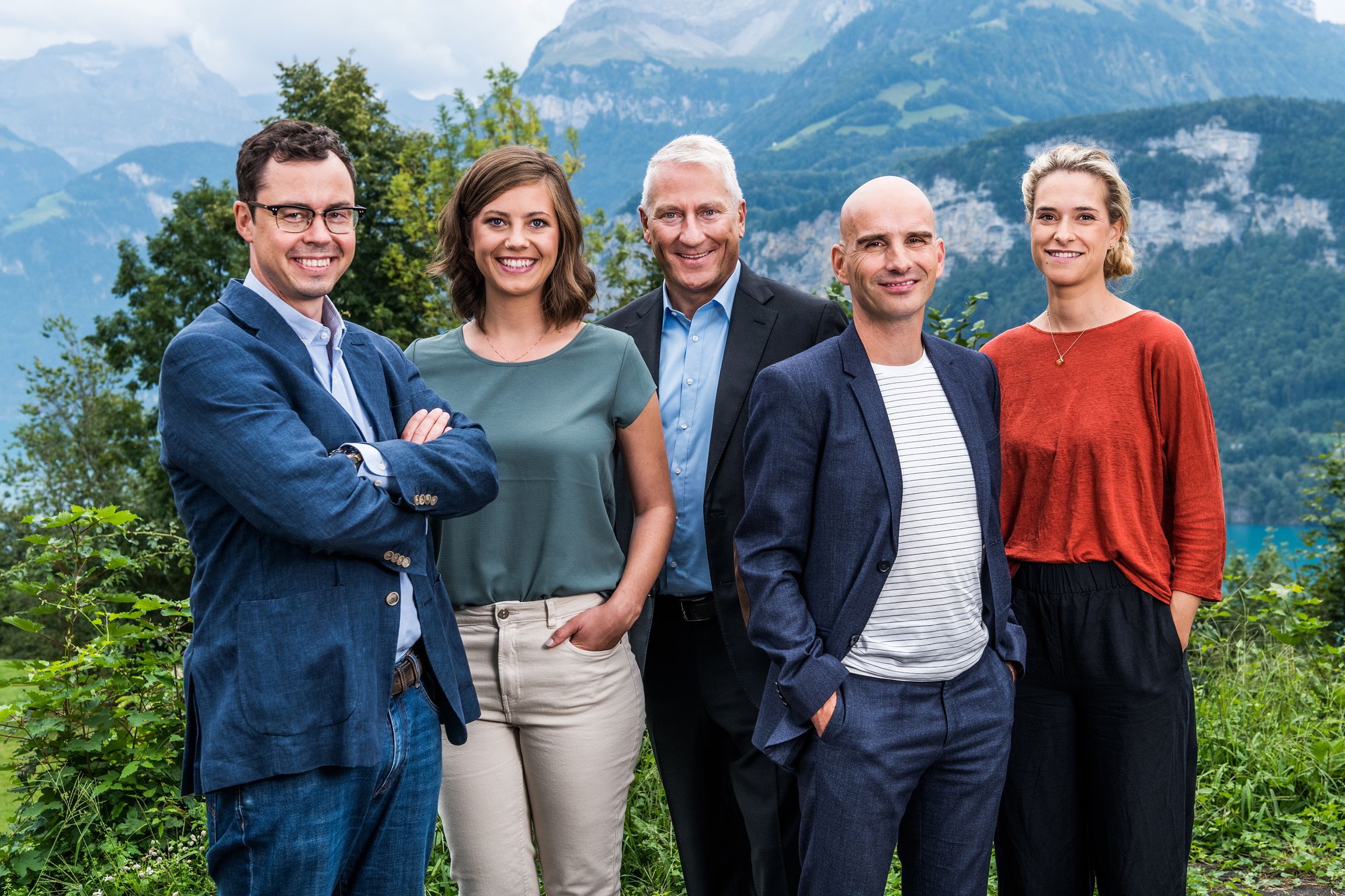 Wort zum Sonntag Gruppenbild der Sprecherinnen und Sprecher: Lenz Kirchhofer, Ines Schaberger, Ruedi Heim, Manuel Dubach,Lea Wenger-Scherler