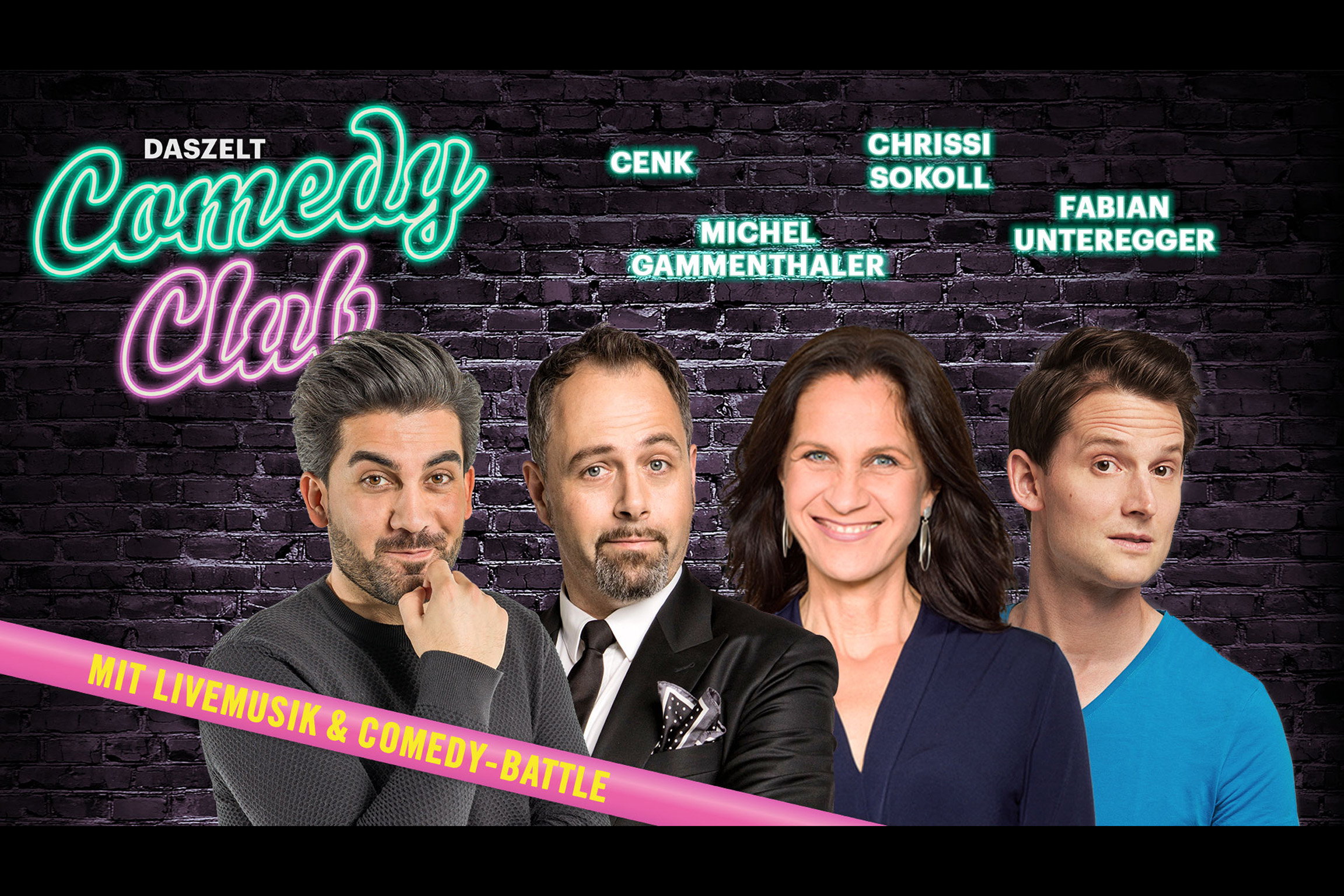 Das Zelt Comedy Club 2022Cenk Korkmaz, Michel Gammenthaler, Chrissi Sokoll und Fabian Unteregger2022Copyright: SRF/DAS ZELT