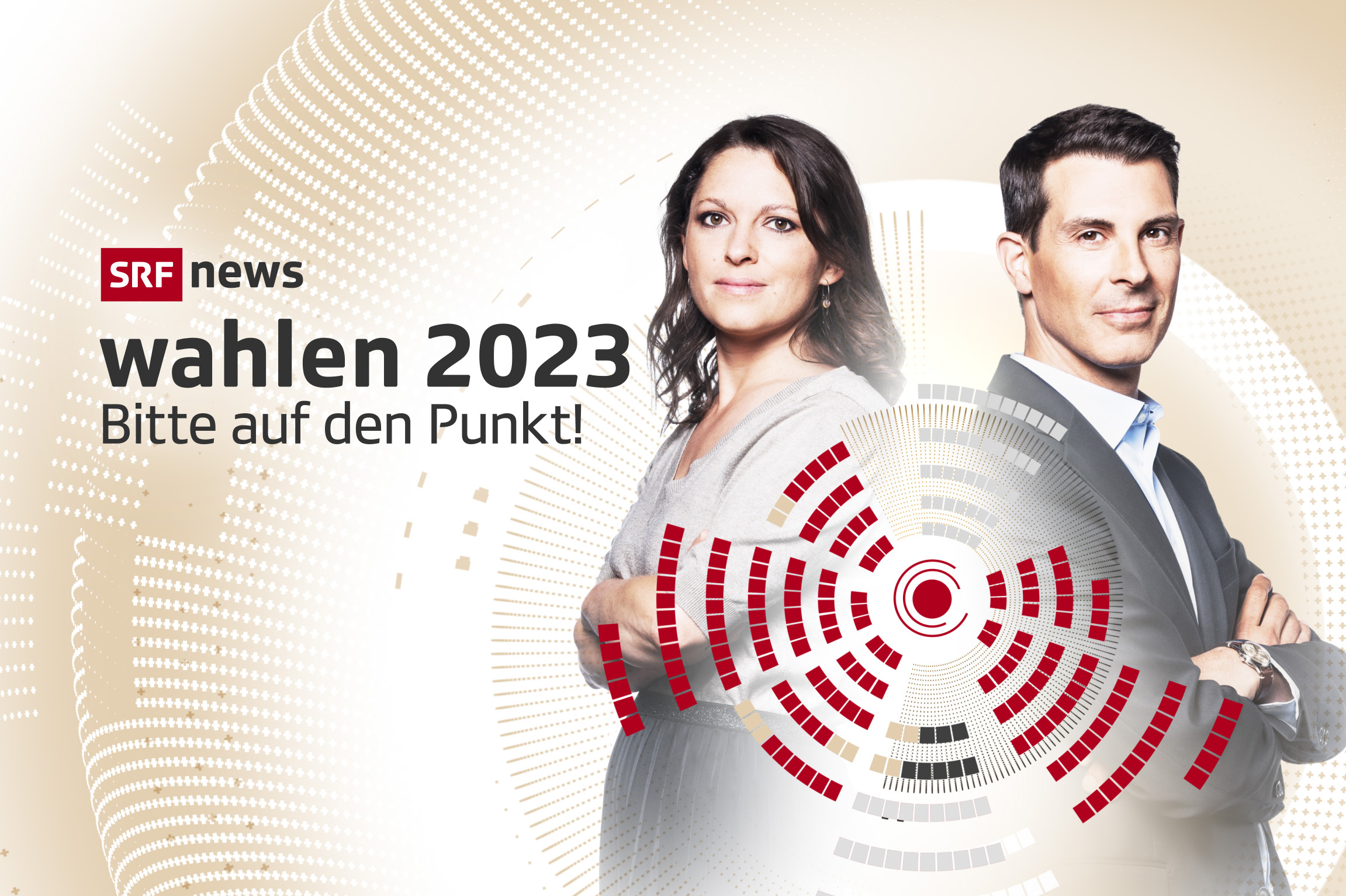 Wahlen 2023Bitte auf den Punkt!KeyvisualMit Mattea Meyer und Thierry Burkart2023Copyright: SRF