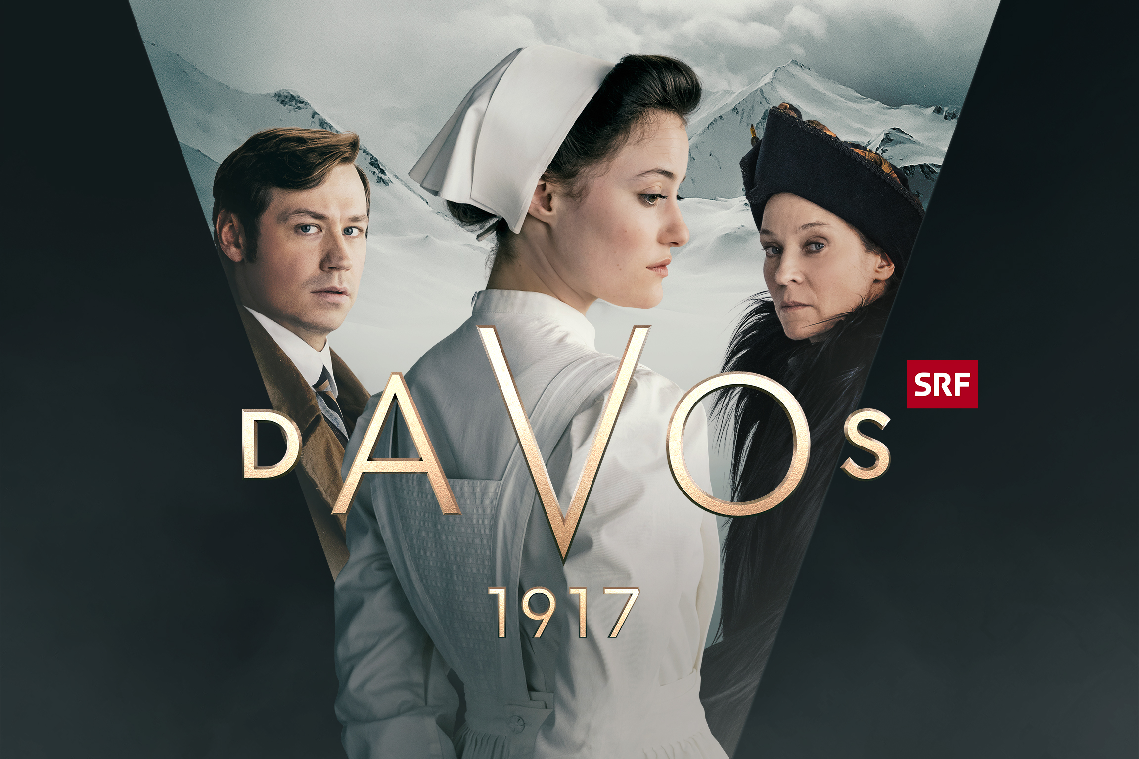Davos 1917KeyvisualDavid Kross als Carl Mangold,  Dominique Devenport als Johanna Gabathuler, Jeanette Hain als Ilse von Hausner	Produktion: Contrast Film, Letterbox Filmproduktion In Ko-Produktion mit: SRF Schweizer Radio und Fernsehen, ARD Degeto, Amalia FilmRegie: Jan-Eric Mack, Anca Miruna Lăzărescu, Christian TheedeCopyright: SRF/Patricia Neligan