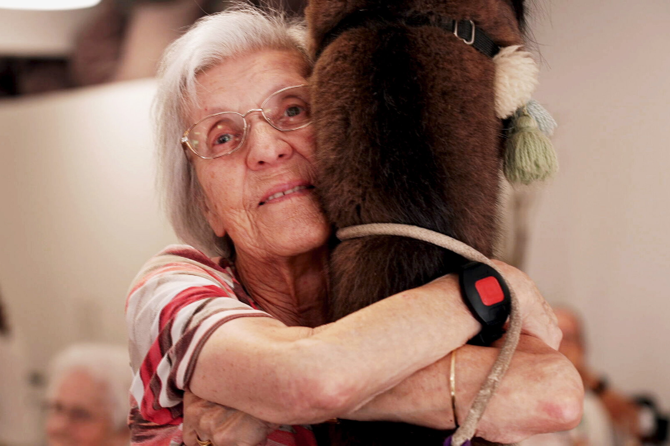 PulsTherapie mit TierenBetagte Frau umarmt ein Lama.Copyright: SRF