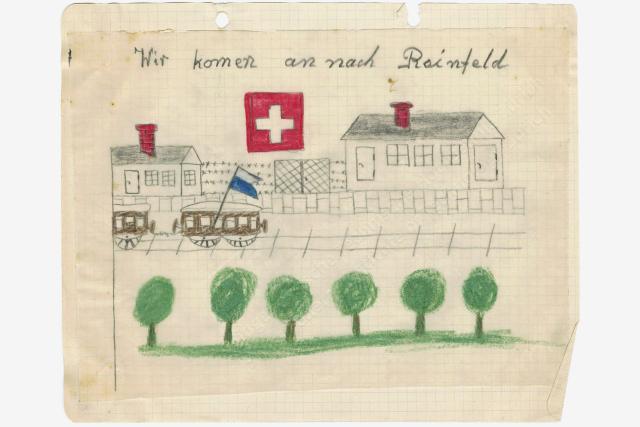 SRF DOK: Die Buchenwald-Kinder – Eine Schweizer Hilfsaktion Zeichnung eines Buchenwald-Überlebenden: Ankunft in der Schweiz.