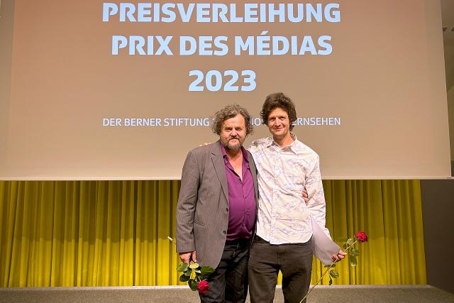 Berner Stiftung für Radio und FernsehenRadio- und Fernsehpreis 2023Büne Huber (Sänger Patent Ochsner) und Matthias LüscherCopyright: SRF